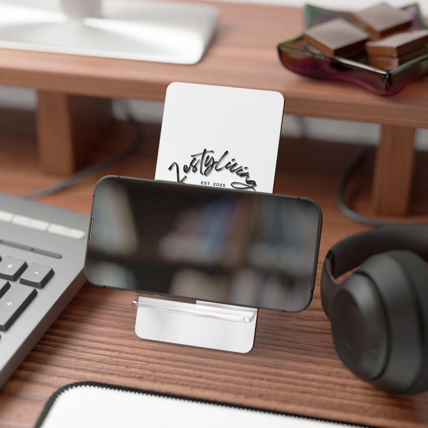 Elegant Mobile Display Stand for Smartphones | Modern Design with Script Logo