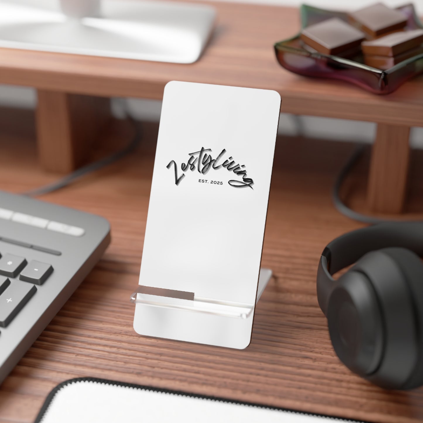 Elegant Mobile Display Stand for Smartphones | Modern Design with Script Logo