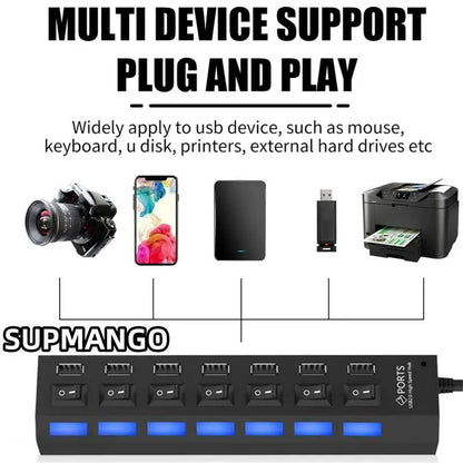 USB HUB USB Switch Hub 2.0 Adapter High Speed Multi 7 Ports Hub USB On